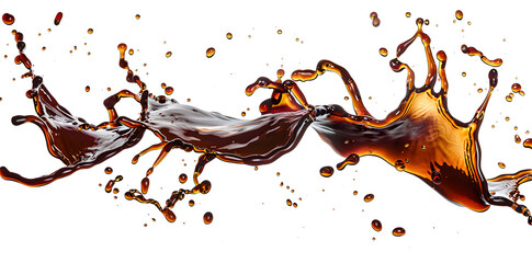 Soy sauce, cola splashes with drops isolated on white background