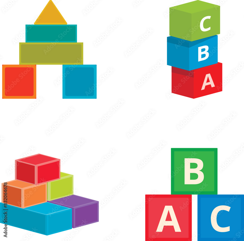 Poster set of toy blocks and alphabet cubes in various colors and configurations