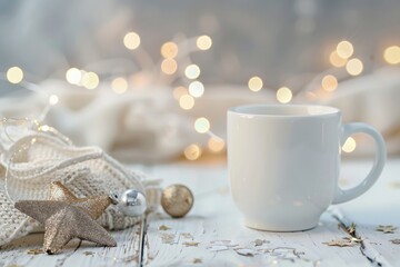 Cozy Winter Warmth: Mug, Pine Cones, and Twinkling Lights