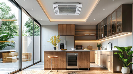Interior room with ceiling mounted cassette type air conditioner alongside a modern lamp light on a ceiling. the duct air conditioner suitable for home