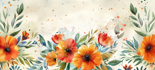 Fototapeta premium Watercolor floral background. Delicate orange and yellow flowers with green leaves on a light background.