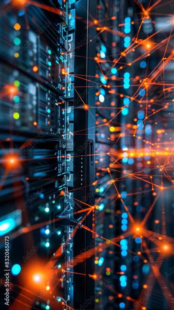 Poster a pixelated tangle of brightly colored network cables behind a server rack, creating a chaotic yet n