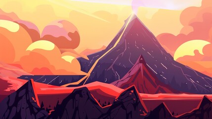 Ash covered peaks infographic flat design side view eruption aftermath theme cartoon drawing vivid 