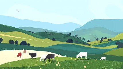 Obraz premium Hillside grazing artwork flat design front view livestock management theme animation Tetradic color scheme