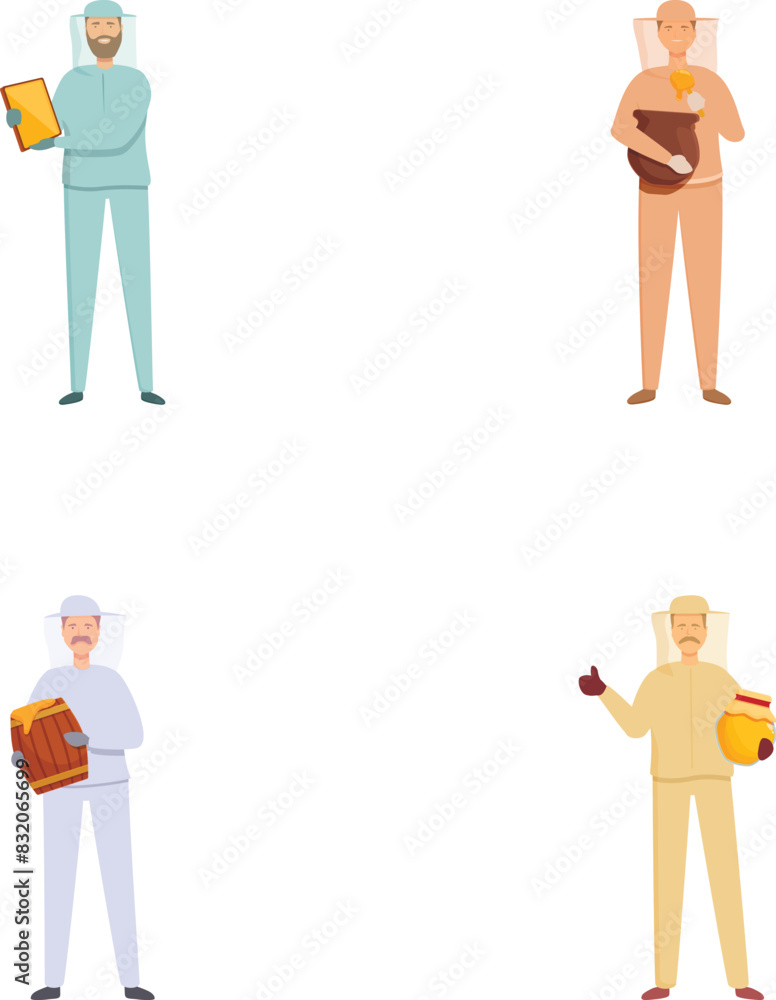 Poster four cartoon characters representing different professions with their tools