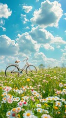 Naklejka premium Beautiful spring and summer natural landscape, riding a bicycle on a flowering meadow on a sunny day against the blue sky and white clouds, travel, green outing, low carbon, World Environment Protecti