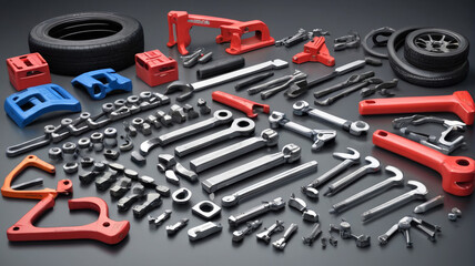 Fototapeta premium An assortment of automotive tools, including jack stands and tire irons, systematically arranged on a plain metal background, Generative AI