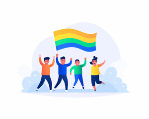 Fototapeta premium Diverse group of people celebrating Pride with rainbow flags, 2D illustration, joyful and inclusive