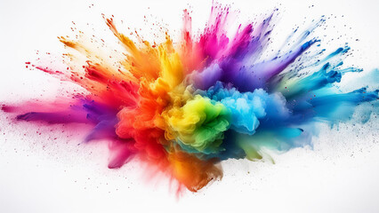 Explosion of rainbow dust, smoke on white light background. 4K wallpaper illustration