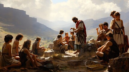 An artistically crafted image depicting an ancient philosopher teaching a group of attentive listeners