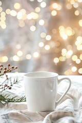 Fototapeta premium Cozy Winter Moment with Warm Drink and Festive Lights