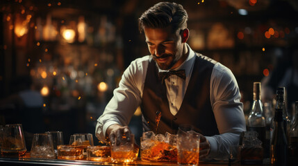 Artistic shot of a bartender in a vest and bow tie pouring whiskey into glasses, face hidden by a blurred box