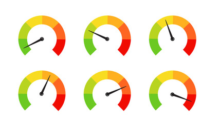 Set of Colorful Speedometers. Flat Collection on White Background