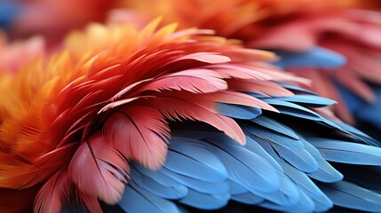 A close-up shot of exquisitely vibrant and textured parrot feathers, displaying a brilliant gradient of colors