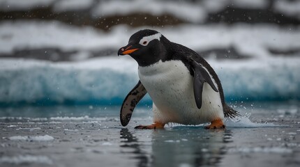 Fototapeta premium A day in the life of a playful penguin sliding on ice ai_generated
