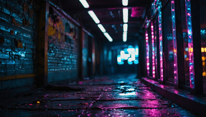 Bokeh image of a floor decorated with colorful neon 5