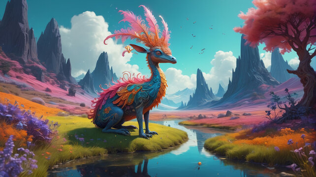 A whimsical painting of a fantastical creature in a dreamlike landscape, blending reality and imagination with surreal elements, Generative AI