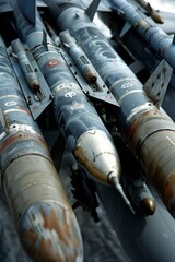 Detailed view of an F-16 weapons loadout, missiles and bombs mounted on hardpoints