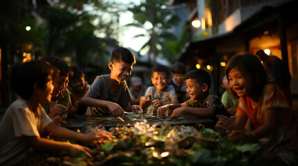A group of joyful children engaged in a playful activity with enthusiasm at a bustling outdoor market at dusk
