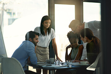 Group, employees and strategy in boardroom, reading and smile for project, together and business....