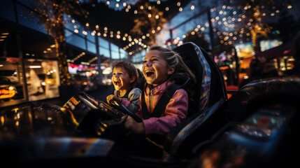 Two excited kids enjoying a thrilling go-kart ride under bright lights at a lively amusement park at night