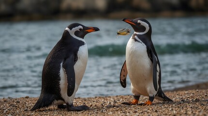 Obraz premium A dialogue between two penguins discussing their favorite fish ai_generated