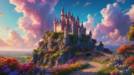 A whimsical painting of a fairy-tale castle perched on a hill, with colorful gardens and a dreamy sky, evoking a sense of wonder, Generative AI