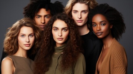 Obraz premium Five young adult models standing closely together showing unity and diversity The image captures a natural and stylish group of individuals