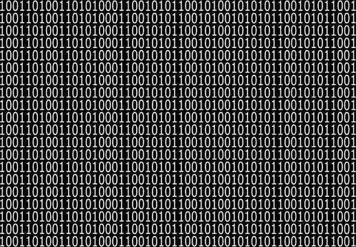Encrypted binary ASCII computer code on black background. Black and white binary code computer.