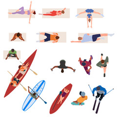 Architectural top view people doing sports. perfect for landscape design and architectural design jobs, yoga, fitness, kayaks with people inside,outdoor activities