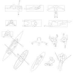 Architectural top view people doing sports. perfect for landscape design and architectural design jobs, yoga, fitness, kayaks with people inside,outdoor activities