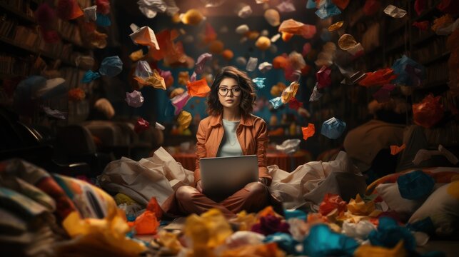 A focused woman is working with a laptop amidst a whirl of colorful crumpled paper, representing creativity and a busy mind
