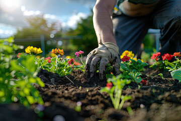 Fototapeta premium Eco-Friendly Gardening: Man Cultivating Flowers in Urban Community Garden