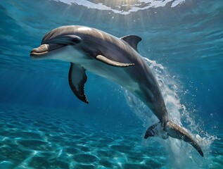 Obraz premium A playful dolphin leaps gracefully out of the crystal-clear turquoise ocean water, surrounded by sunlight and sea spray.