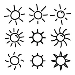 Set of Solid color outline Hand drawn sun vector icon. Sun sketch doodle design