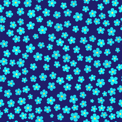 Many small blue flowers on dark blue background. Randomly seamless pattern with flowers. Forget-me-not flower. Design in rustic style for girls. Vector illustration for paper, textile, cards.