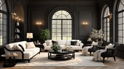 Elegant black walled living room with classic windows and stylish furniture illuminated by natural...