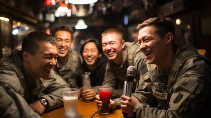 A group of uniformed soldiers share laughter and songs, enjoying camaraderie at a bar with a friendly atmosphere