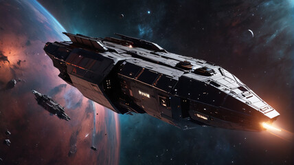 Naklejka premium A sleek reconnaissance ship glides silently through a dark nebula, its sensors attuned to every cosmic anomaly, Generative AI