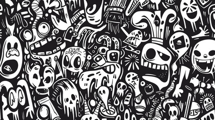 Naklejka premium Seamless black and white doodles of street art and graffiti in a hand-drawn style, perfect for an urban artistic touch,