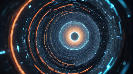 An exploration vessel entering a wormhole, its journey into the unknown marked by the swirling lights of the cosmic tunnel, Generative AI