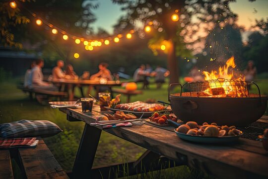 Cozy outdoor evening picnic with bonfire, table settings, and people in the background, enjoying a summer gathering under string lights.