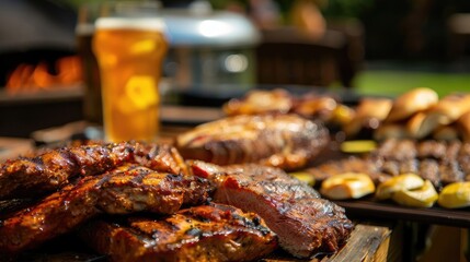 Close-up of a delicious outdoor barbecue feast with grilled meats, vegetables, and a refreshing pint of beer. Perfect summer dining setup.