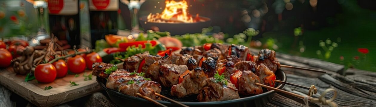 Delicious BBQ skewers with grilled vegetables and drinks on a picnic table, with a fire pit in the background creating a warm ambiance.