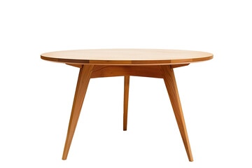 A wooden table with a round top and three legs
