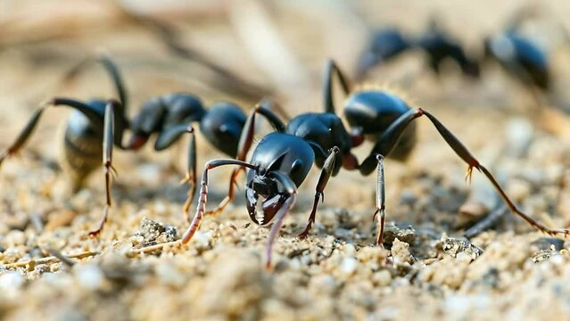 ants on the ground, close up shot, high detailed 4k Footage, animals and insects videography, ai generated 