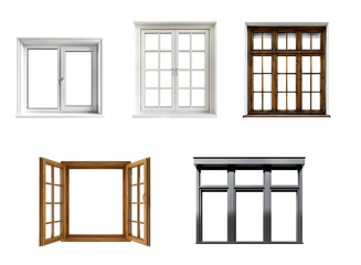 Obraz premium A variety of windows, including some with wooden frames