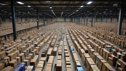 Obraz premium A busy warehouse during peak hours, with workers rapidly picking and packing orders, and carts moving swiftly between aisles, Generative AI