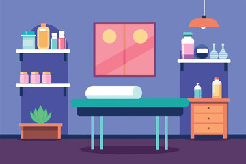A beauty salon or spa cabinet. It shows a massage table with a white towel, on the shelf there are various bottles and containers with cosmetics. Under the shelf is a small wooden chair 