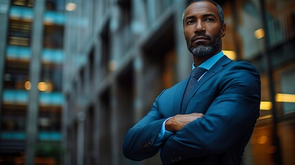 Successful African American Businessman Standing with Crossed Arms, Leadership, Self-confidence, Motivation, Low-Angle Shot, Copy Space.